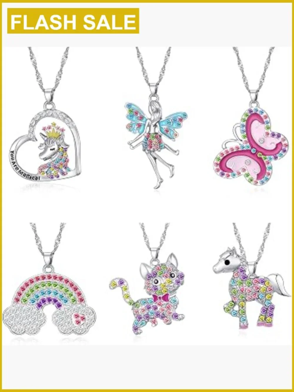 6 Pcs Crystal Pendant Necklace Set for Girls - Unicorn Fairy Cat Butterfly